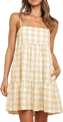 Wenrine Womens Summer Plaid Mini Dress Casual Spaghetti Strap Sleeveless A Line Beach Sundress wi... | Amazon (US)