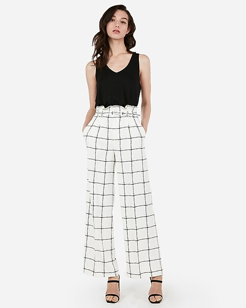 high waisted windowpane print belted wide leg pant | Express