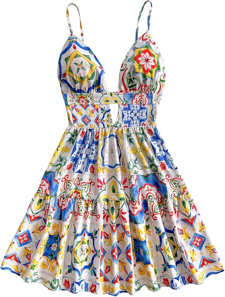 SweatyRocks Women's Floral Print Backless Mini Dress Cut Out Ruffle Sleeveless Vacation Boho Dres... | Amazon (US)