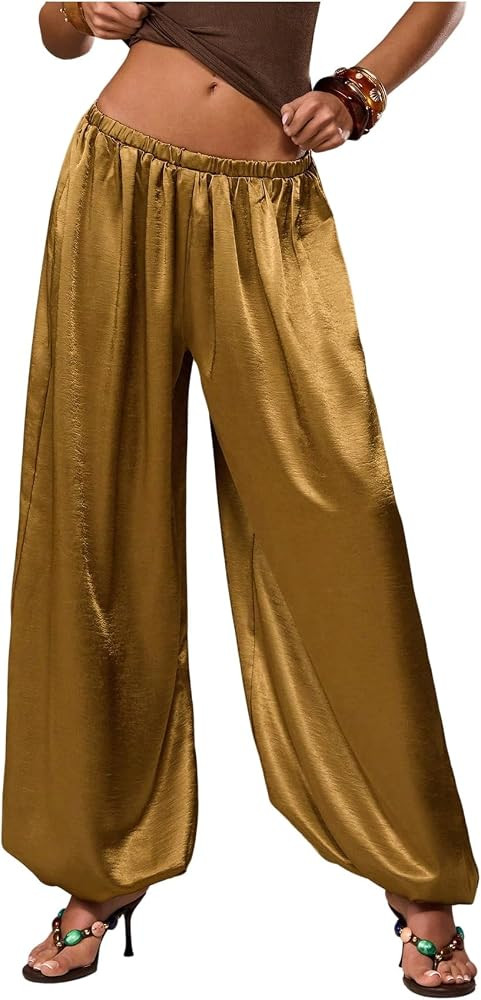 MakeMeChic Women's Satin Harem Palazzo Pants Flowy Balloon Barrel Pants Resort Wear | Amazon (US)