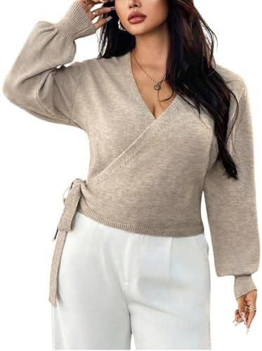 Verdusa Women's Plus Size Wrap Sweater Tie Knot Cropped Cardigan Lantern Long Sleeve Knitted Swea... | Amazon (US)