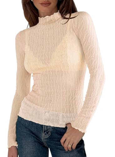 miduo Womens Mesh Sheer Lace Layering Top Mock Neck Long Sleeve See Through Shirt Blouses Tops | Amazon (US)