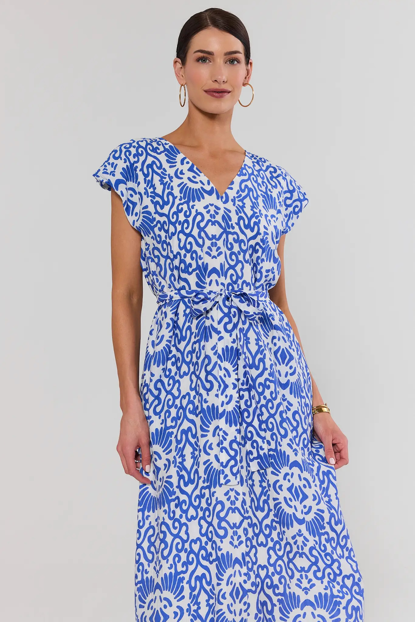 Blue Printed Tie Waist Midi Dress | Avara