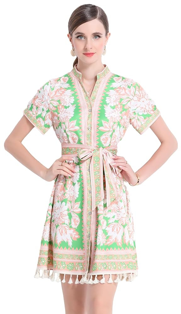 LAI MENG FIVE CATS Women's Short Sleeve V-Neck Floral Print Split Casual Mini Dress | Amazon (US)