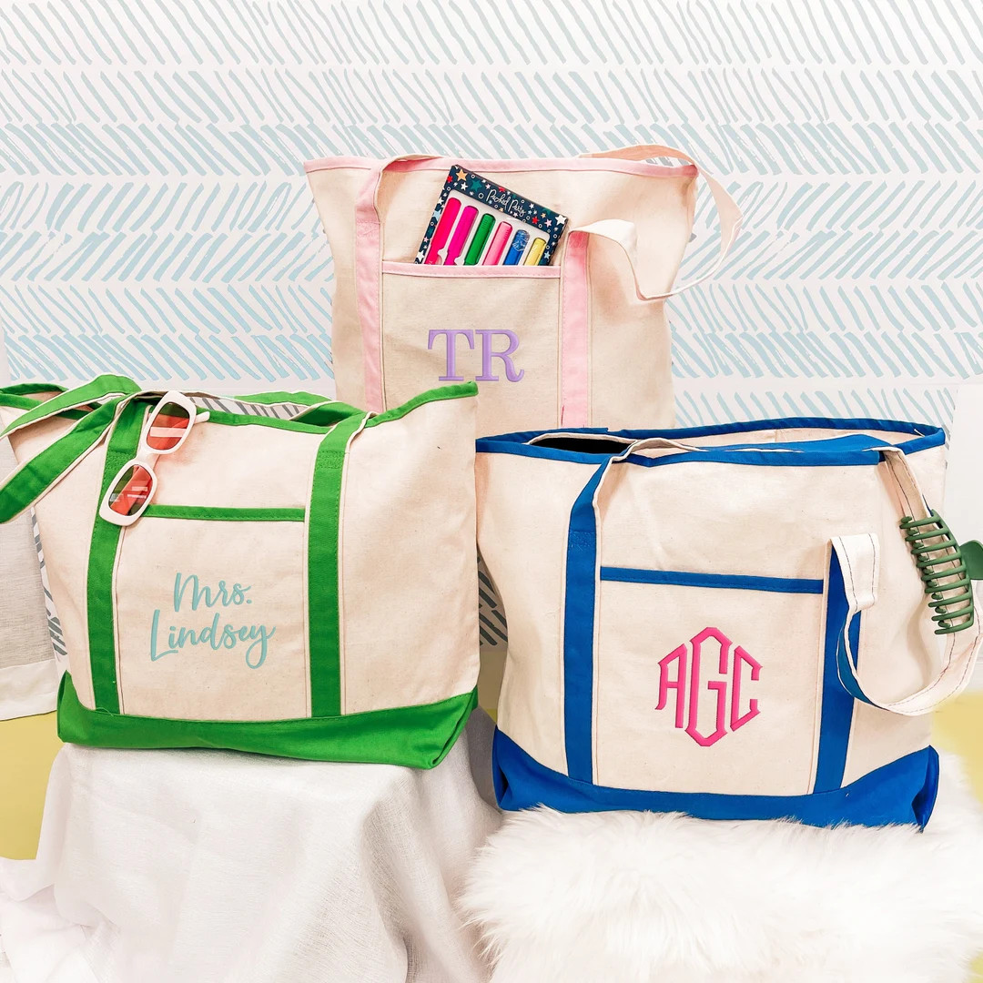 Embroidered Tote Bag, Teacher Tote, Custom Beach Bag, Bridesmaid Tote, Monogram Tote Bag, Monogra... | Etsy (US)