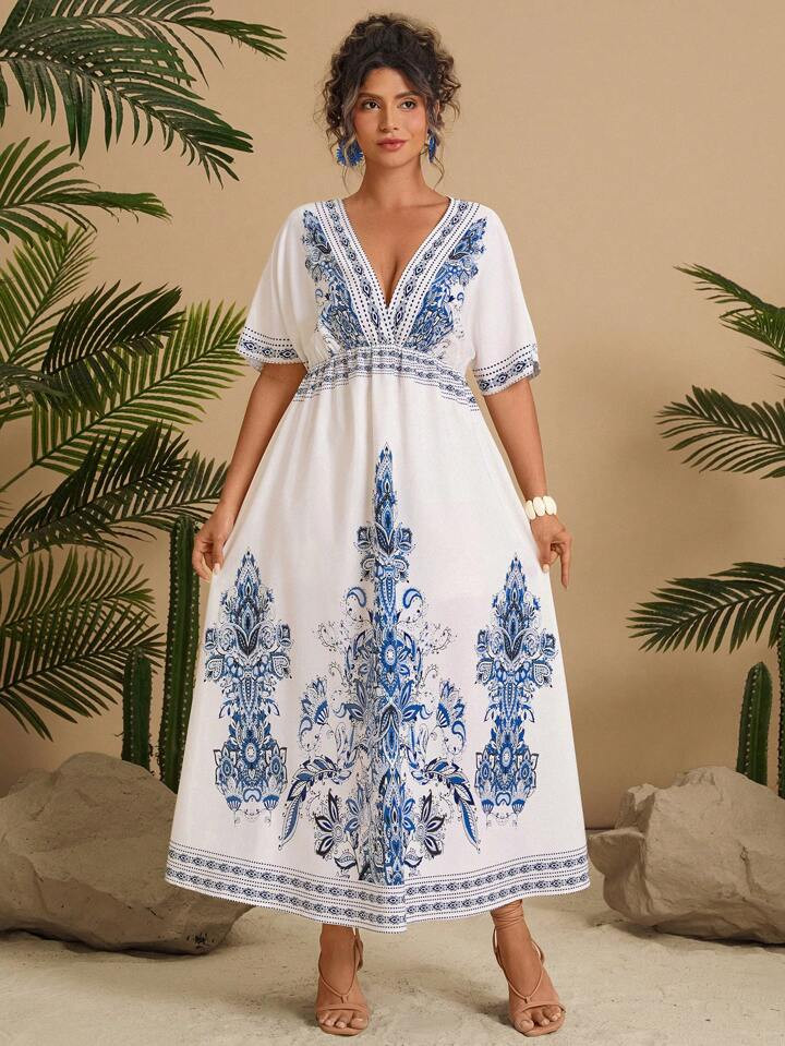 SHEIN VCAY Plus Size Women Printed V-Neck Short Sleeve Waist Tie A-Line Dress, Summer Resort Beac... | SHEIN