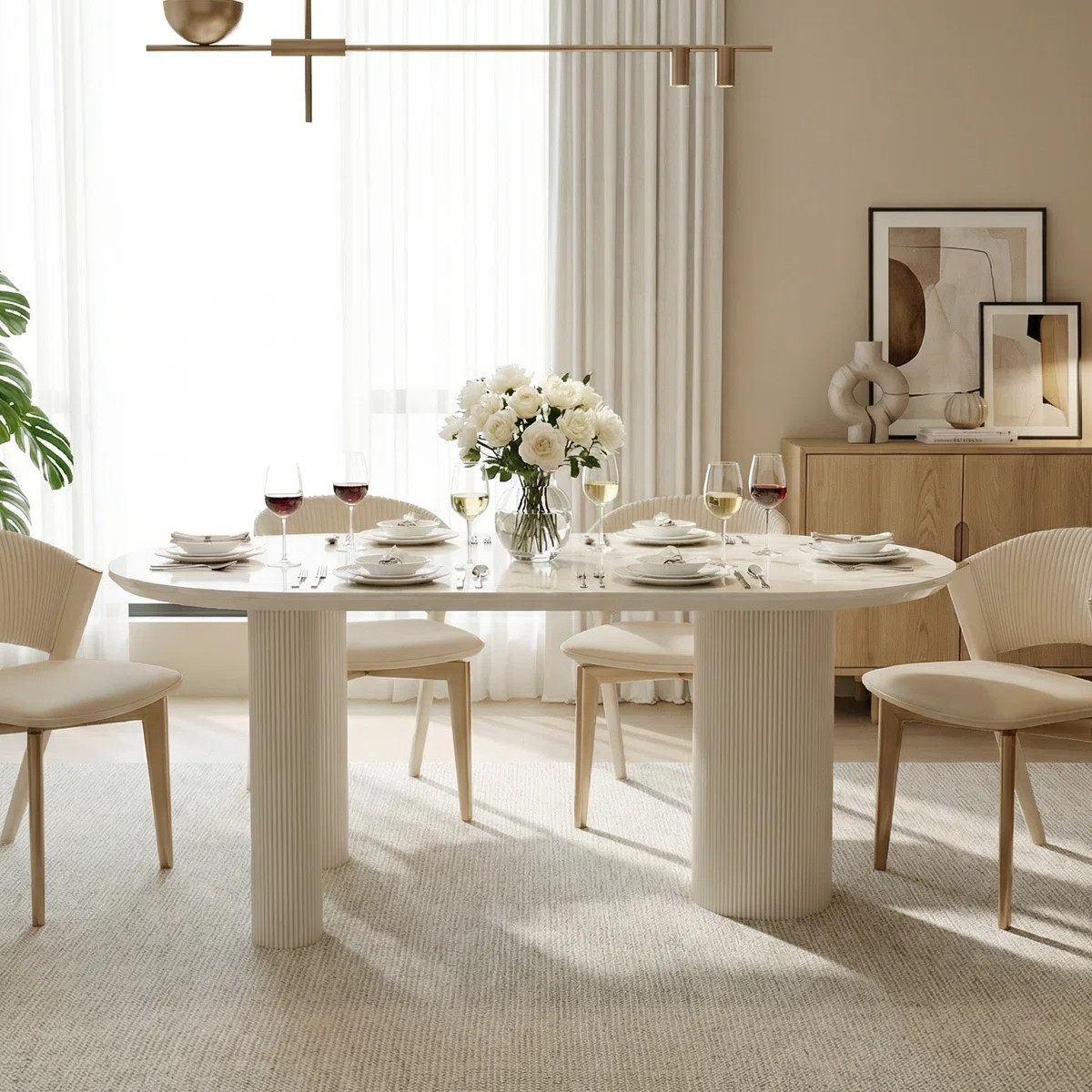 71" Oval Dining Table with White Sintered Stone Top & Roman Column Wood Base | Wayfair North America