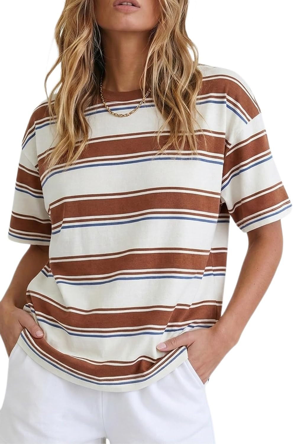 Allimy Women's Vintage Boxy Cropped Tee Short Sleeve Striped T Shirt Loose Fit Tops Casual Summer Blouses | Amazon (US)