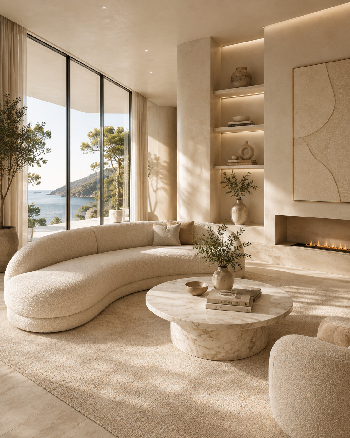 Creating a ultra luxury minimalist living room 🤍✨ obsessed with this soft neutral vibe — cream + beige tones, curved boucle sofa, and a simple marble coffee table just makes everything feel so calm and expensive.

This is the kind of space that feels cozy but still super elevated… clean, warm, and timeless 🤎

#ltkhome #ltkdecor #livingroominspo #neutralhome #bouclesofa #marblecoffeetable #modernorganic #minimalisthome #cozyminimalism #luxuryinteriors #homedecor #homeinspo #fallhome #aestheticdecor 

 #LTKSeasonal #LTKHome #LTKSaleAlert