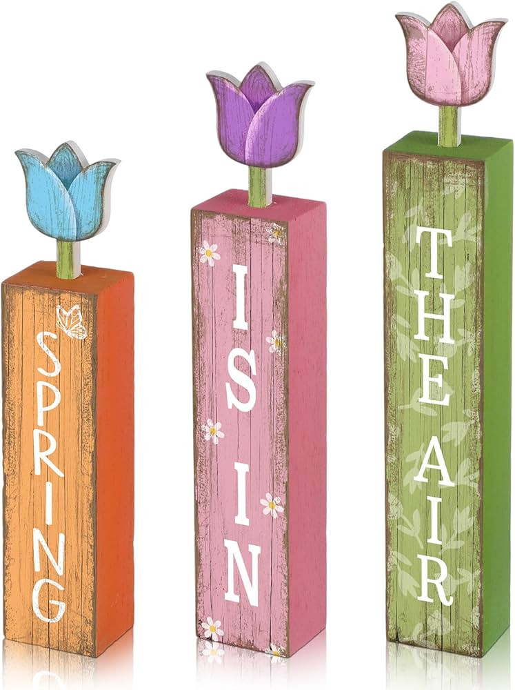 Shellwei 3 Pcs Spring Table Decorations Wooden Tulip Spring Tiered Tray Decor Farmhouse Wood Flow... | Amazon (US)