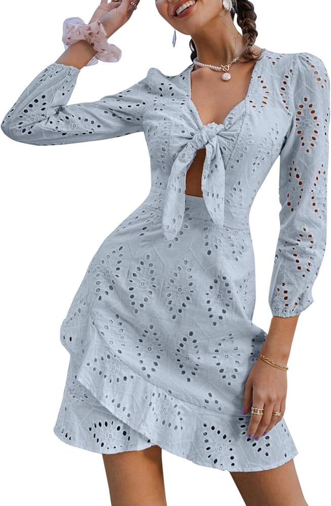 Conmoto Women's Sexy Long Sleeve Lace Ruffle Mini Dress Hollow Out Summer Dress | Amazon (US)