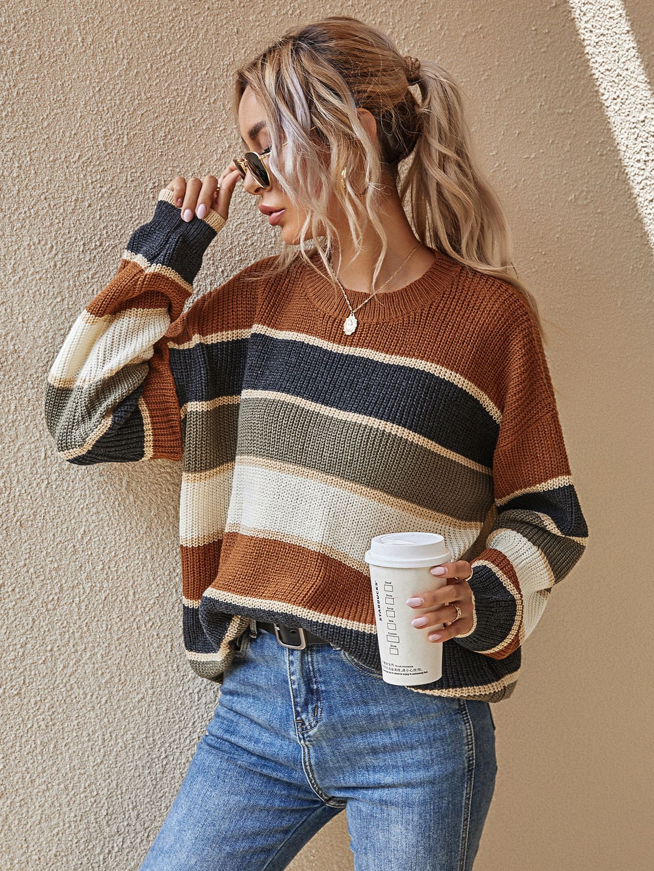 SHEIN LUNE Striped Pattern Oversized Sweater | SHEIN