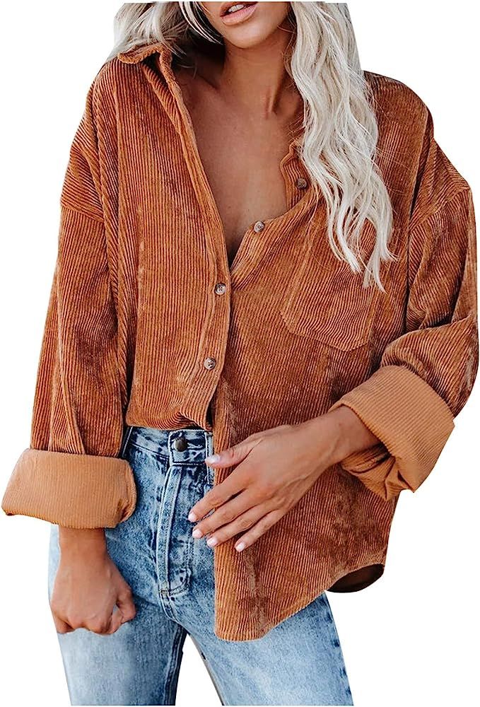 BAIYOSITT Corduroy Jacket Women Fashion Sexy Long Sleeve Shacket Coat Lapel Open Front Tops Blous... | Amazon (US)