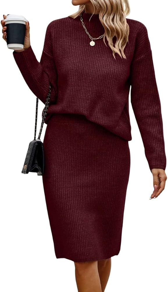 ELFTOWN Women's Fall Winter 2 Piece Outfits Set Mock Neck Cable Knit Sweater and Slit Pencil Skir... | Amazon (US)