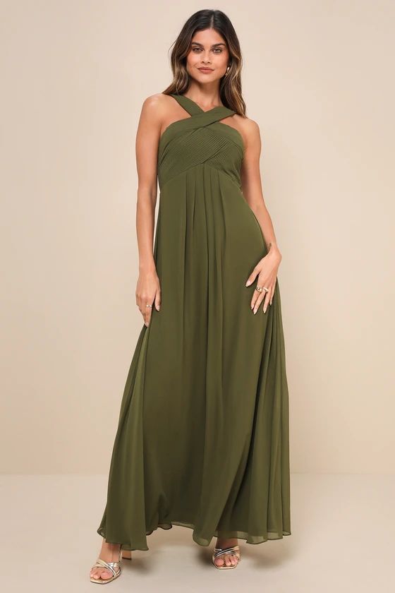 Momentous Elegance Olive Green Pleated Halter Maxi Dress | Lulus