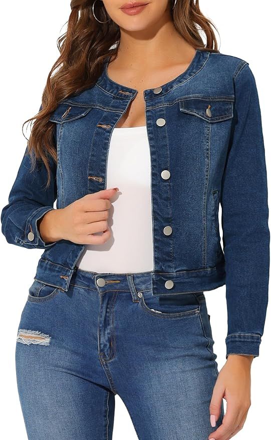 Allegra K Women's Denim Jacket Button Down Collarless Long Sleeve Jean Jackets | Amazon (US)