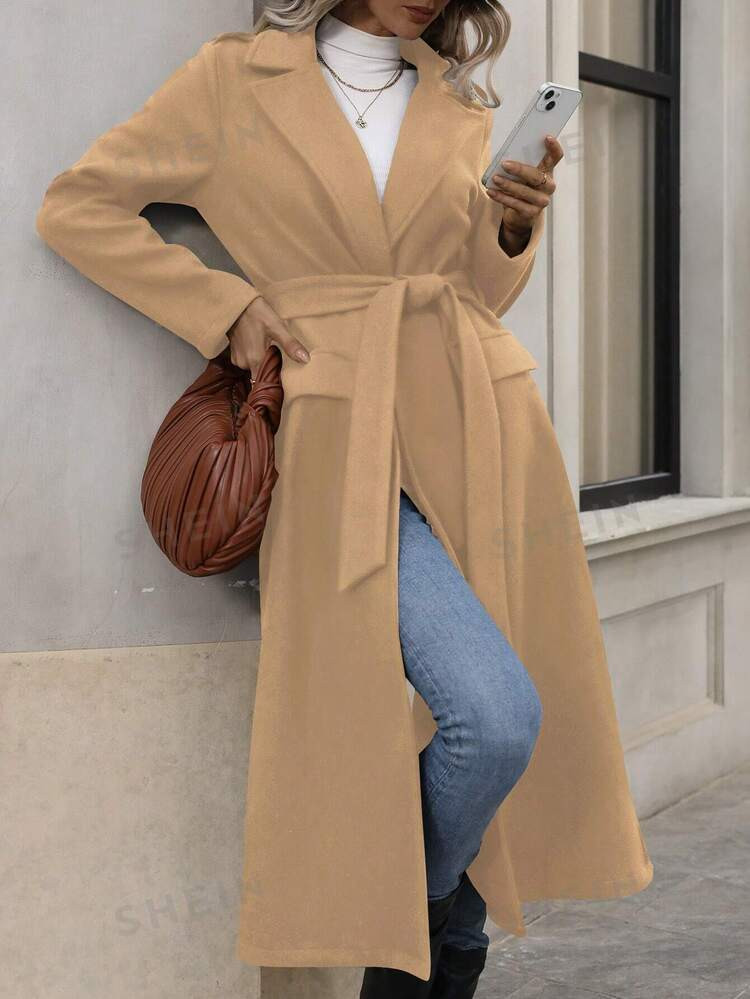 SHEIN Frenchy Women's Elegant & Casual Lapel Waist Tie Long Sleeve Long Woolen Coat | SHEIN