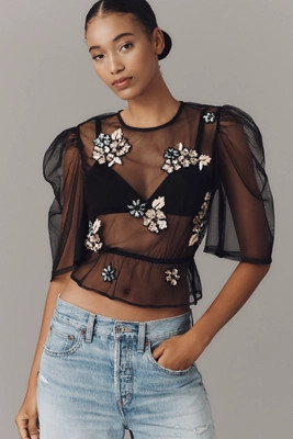 By Anthropologie Embellished Sheer Mesh Top | Anthropologie (US)