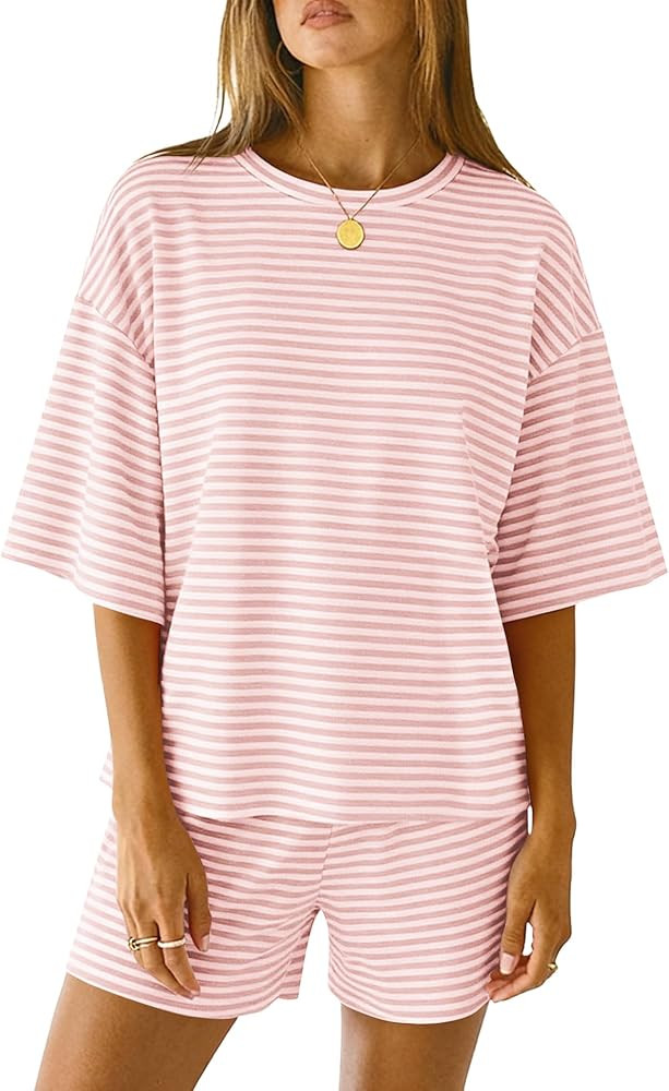 LOMON Two Piece Sets for Women Summer 3/4 Sleeve Tops and Elastic Waist Shorts Pajamas Cute Comfy... | Amazon (US)