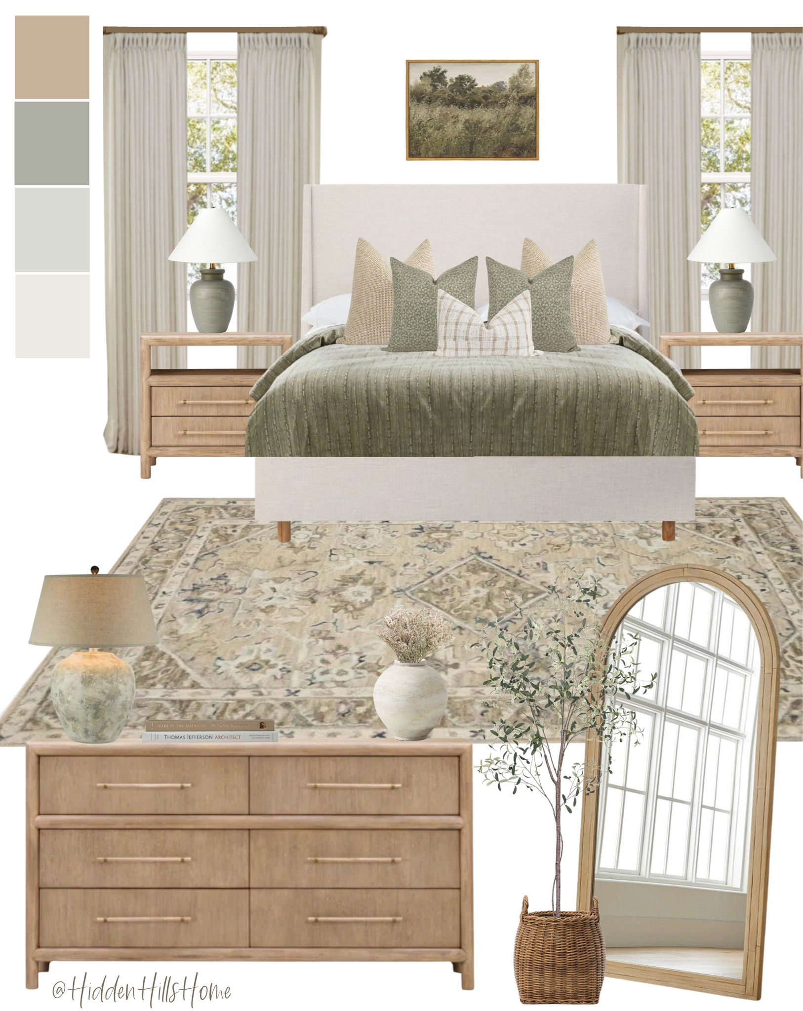 Bedroom decor mood board, primary bedroom design, home decor, bedroom inspiration, master bedroom with sage green accent tones #bedroom

#LTKhome #LTKstyletip #LTKsalealert