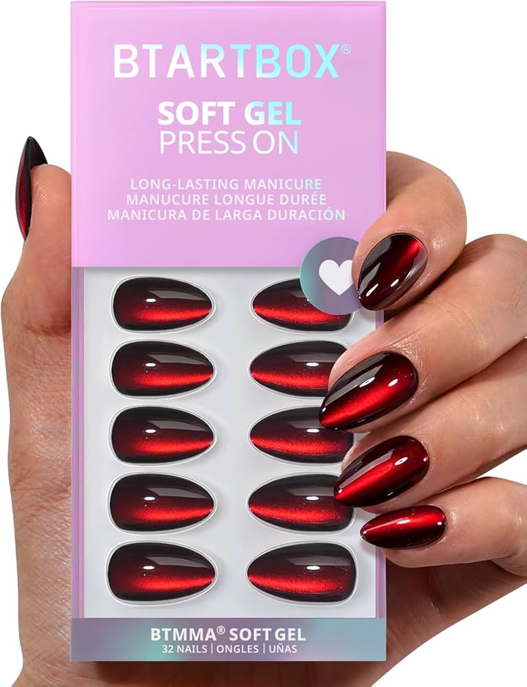 BTArtbox Press On Nails Short - Vampire's Gaze, Deep Red Cat Eye Almond Halloween Press On Nails ... | Amazon (US)