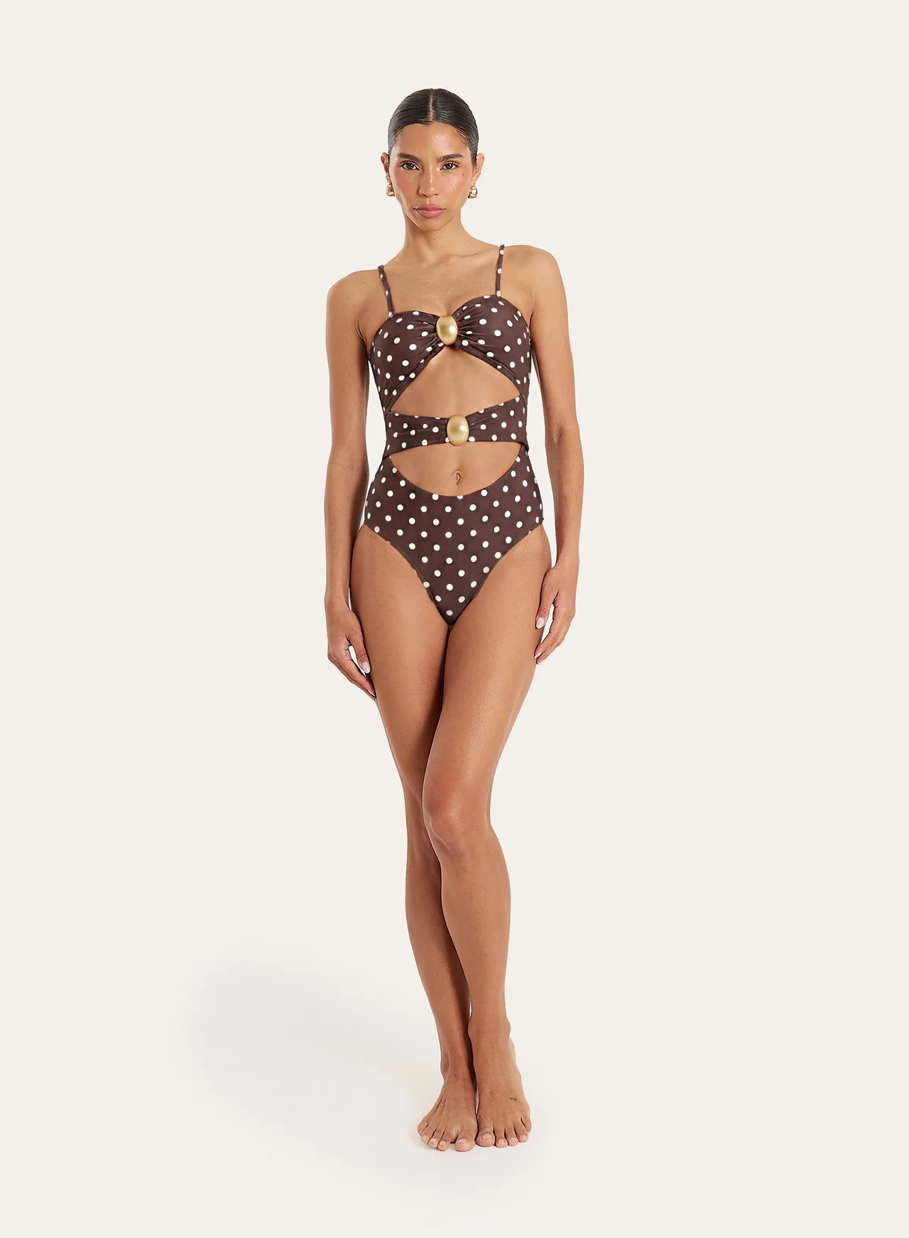 Women's Brown and White Polka Dot Cut Out Hardware Detail Swimsuit | Orla | 4th & Reckless | 4th & Reckless