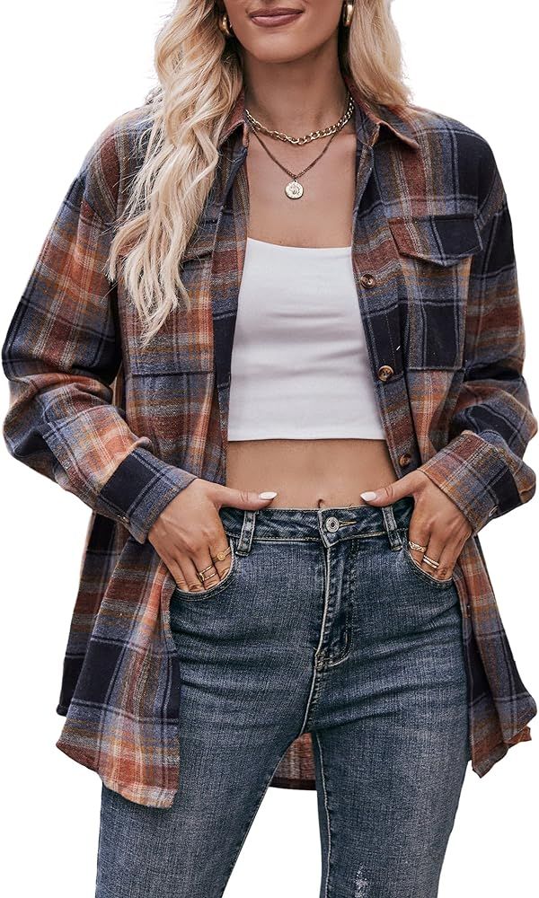 Mansy Womens Flannel Shirts Long Sleeve Collared Button Down Plaid Shirt Casual Work Tops | Amazon (US)