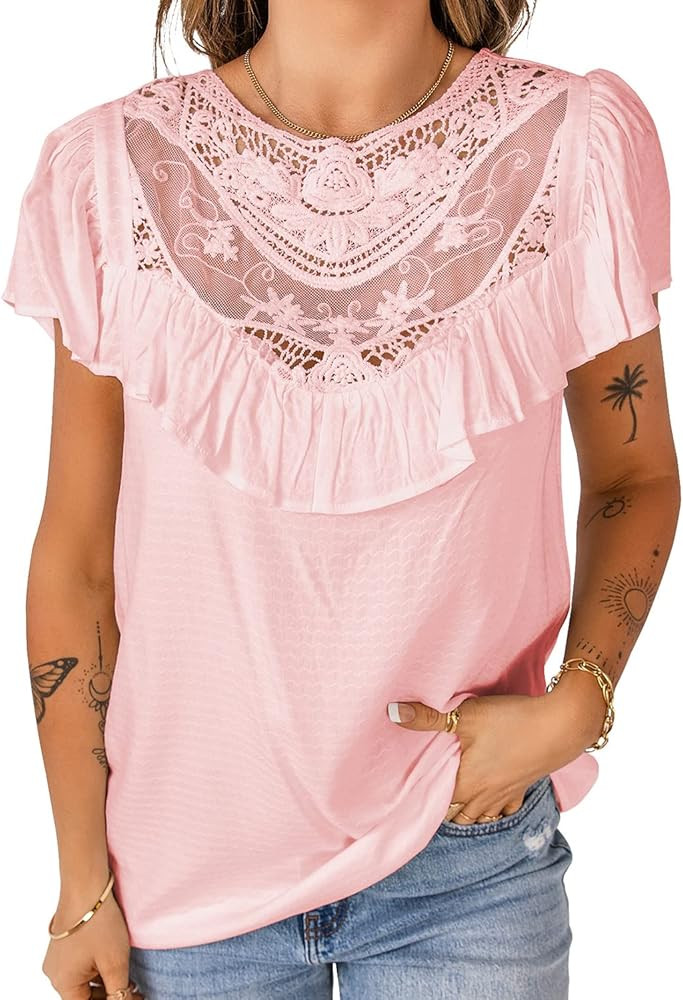 Utyful Cap Sleeve Tops for Women Summer Ruffle Short Sleeve Round Neck Blouse Shirts | Amazon (US)