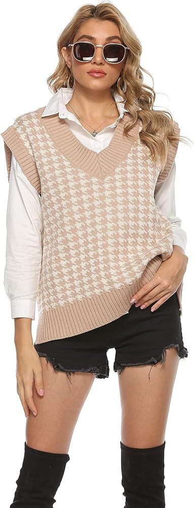 UANEO Womens Casual Oversized Houndstooth Knitted V-Neck Pullover Sweater Vests … | Amazon (US)