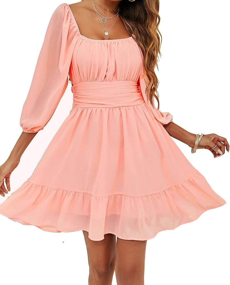 Flybony Women's Lantern Sleeve Tie Back Dresses Square Neck Dress Off Shoulder A-Line Summer Mini... | Amazon (US)