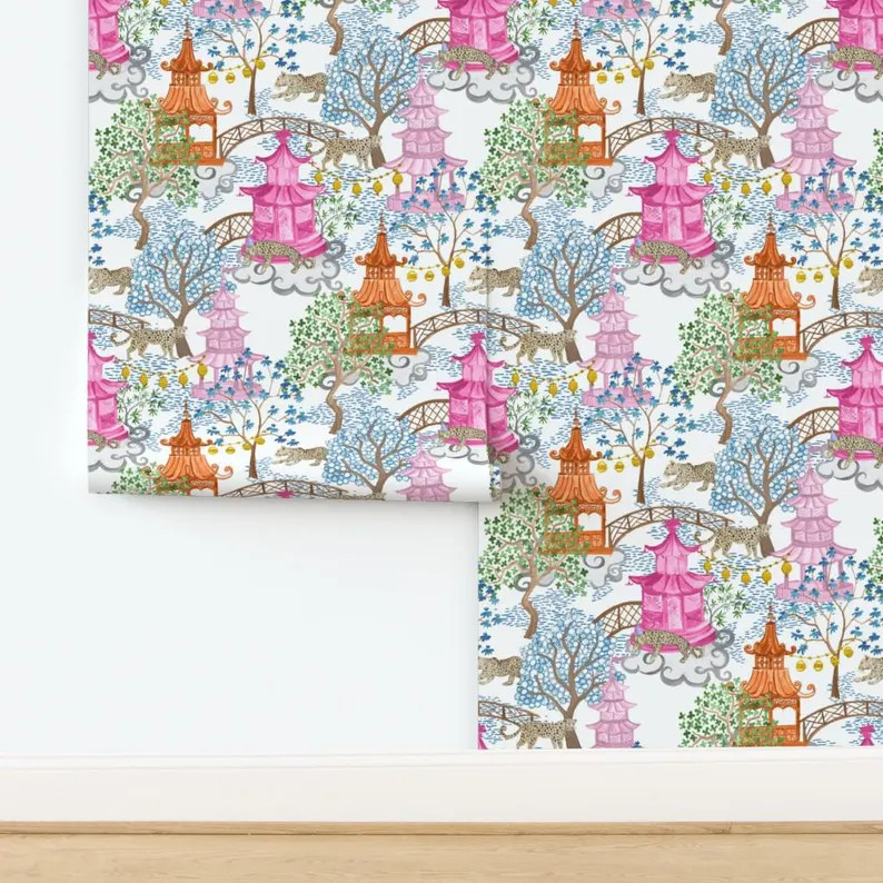 Chinoiserie Non-Pasted Wallpaper Pagoda Leopards Pink And Rust - Pagoda Forest by danika_herrick ... | Etsy (Global)