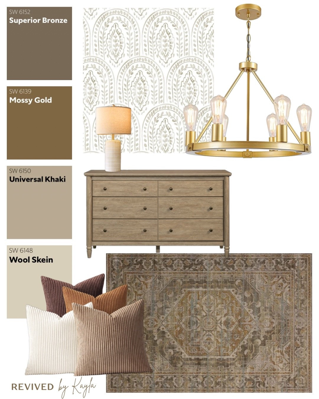 Bedroom mood board with browns and beiges 🤎 Paint colors from Sherwin Williams 

#homedecor #homedesign #homestyling #bedroomdecor #bedroomdesign #bedroommakeover #bedroomideas #rug #dresser #throwpillows #goldlightfixture #lamp #paintcolors #wallpaper #bedroomfurniture 

#LTKFindsUnder50 #LTKFindsUnder100 #LTKHome