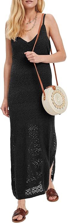 Saodimallsu Womens Crochet Long Dress V Neck Spaghetti Strap Backless Sleeveless Beach Vacation D... | Amazon (US)