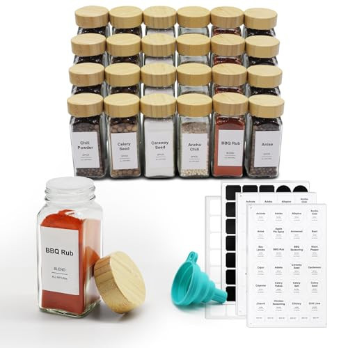 CKCY 24 Pcs Spice Jars, 4oz Glass Spice Bottles with Bamboo Lids -Square Seasoning Containers - Seasoning Organizer Set for Kitchen, Labels, Silicone Funne Included | Amazon (US)