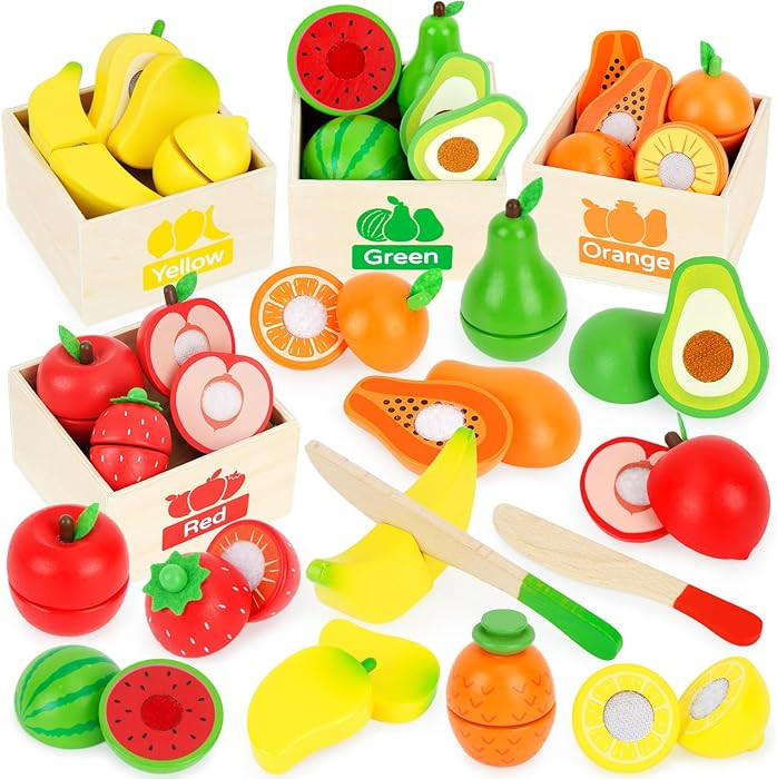 ATOYUS Wooden Play Food Set Toys for Toddlers 1-3, Kids Toy Play Kitchen Accessories, Cutting Fru... | Amazon (US)