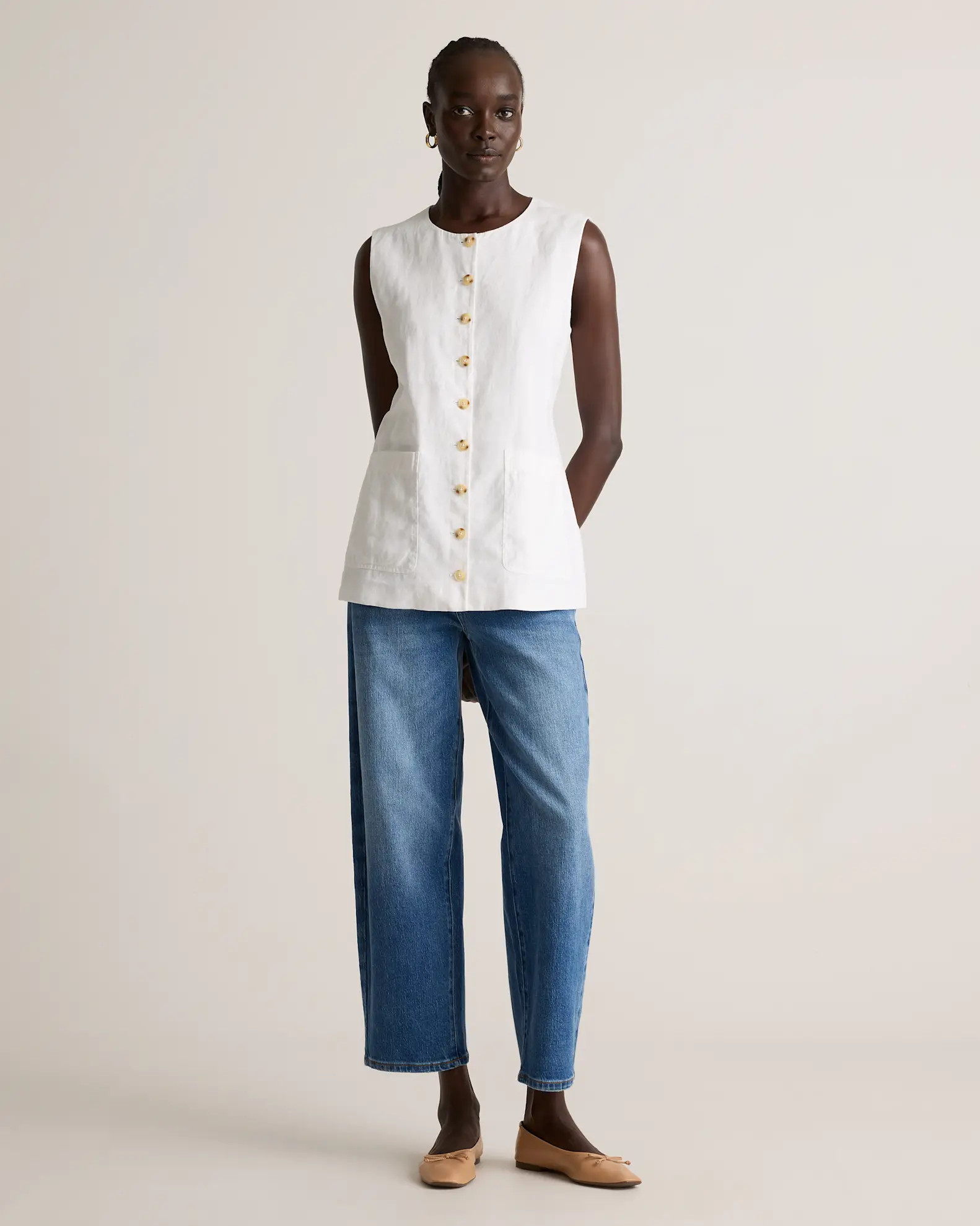 100% European Linen Longline Vest in White | Quince