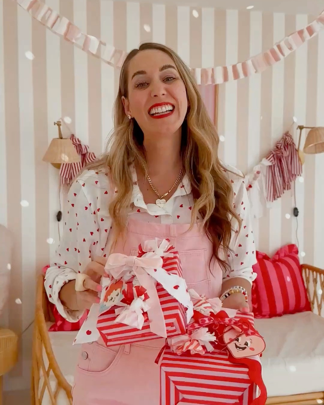 All the vintage Valentine charm from Party & Parlour. I styled the goodies into my gift wrapping and added two pins to my pink overalls for the sweetest finishing touch 💗
Goodies from Party and Parlour included, deluxe suprise bon bons, vinyl stickers and button pins!!

#LTKHome #LTKValentine #LTKSeasonal