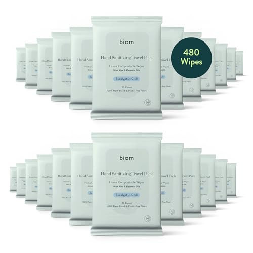 Biom Hand Sanitizing Wipes - Travel Size 24 pack(480 Wipes) 65% Ethanol Alcohol, Kills 99.9% of Germs, Removes Dirt & Grime, Made of Plant-Based & Plastic Free Fibers, Hypoallergenic -Eucalyptus Chill | Amazon (US)