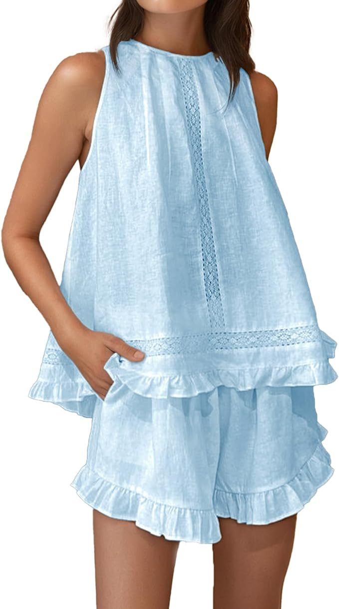 Womens Ruffle Pajama Set Cotton 2 Piece Sets Summer Sleeveless Lace Trim Top and Shorts | Amazon (US)