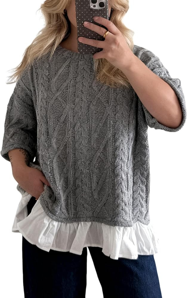 Yidarer Women’s Cable Knit Pullover Sweaters Oversized Half Sleeve Crew Neck Ruffled Hem Casual... | Amazon (US)
