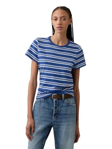 GAP Womens Favorite Stripe Crewneck Tee T-Shirt Blue Track Stripe M | Amazon (US)