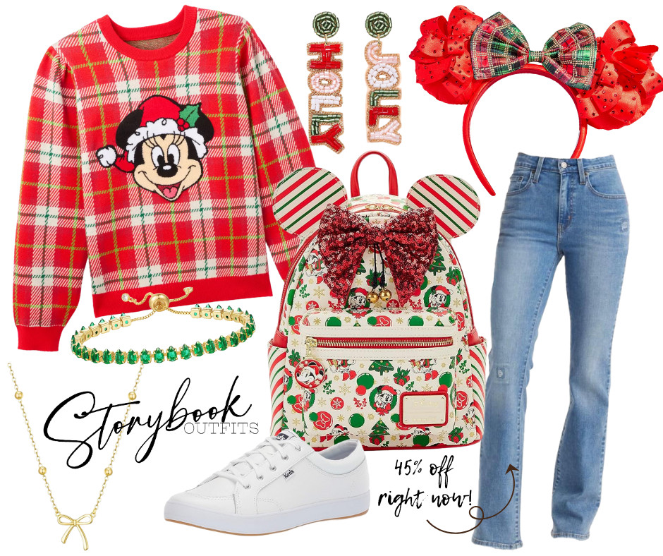 This look is pure Christmas magic with a sprinkle of Disney cheer!

From head to toe, it’s giving “Jolly & Bright” in the most festive way:

A cozy plaid Minnie Mouse sweater that’s merry, classic, and full of nostalgia

Minnie ears and a cute Loungefly backpack to match — talk about the perfect holiday duo!

Dazzling “Holly Jolly” statement earrings for that extra dose of sparkleSimple gold and green jewelry to keep things polished but fun

Crisp denim and white sneakers so you can stay comfy while spreading holiday cheer

And the best part? These Levi's Jeans are 45% off right now!

Grab this all while you can and get ready to rock your holiday park day in style. 

 #LTKStyleTip 

#LTKTravel