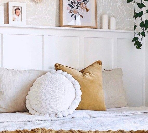 White - 100 % Round Cotton Pom Pom Cushion - home decor sofa, bed or chair cushion 45cm | Etsy (US)