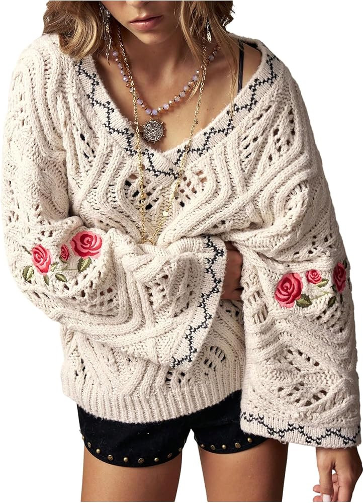 SHENHE Women's Boho Oversized Knit Sweater Openwork Floral Embroidery Long Sleeve Casual Top | Amazon (US)