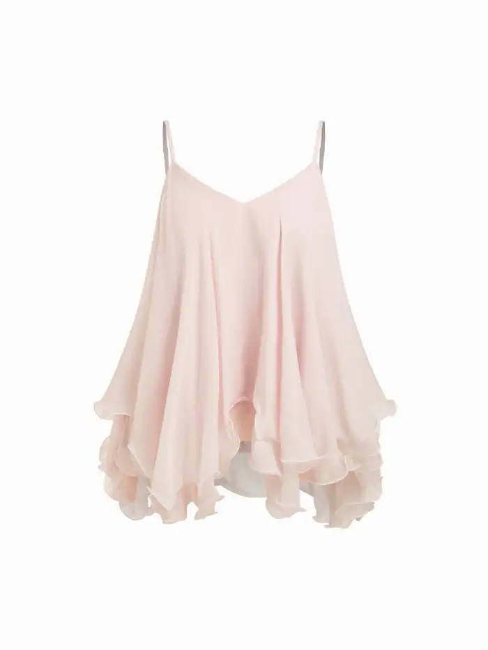 rush outfits Woven Ruffle Hem Knotted Layered Mesh Cami Top For Daily Casual | Cider