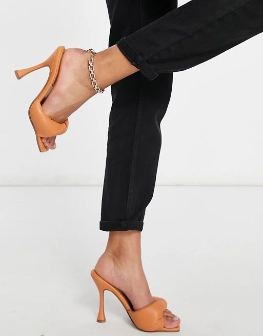 ASOS DESIGN Niki padded twist high heeled mules in beige | ASOS (Global)