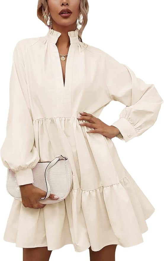 Rooscier Women's V Neck Lantern Long Sleeve Ruffle Babydoll Swing Mini Dress | Amazon (US)