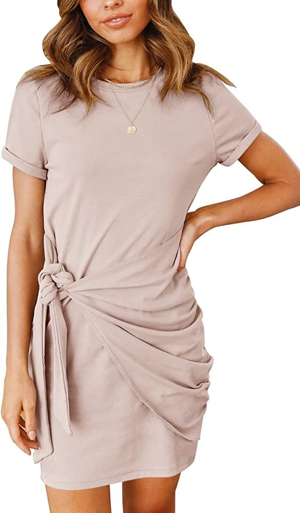 MEROKEETY Women's Short Sleeve Crew Neck T Shirt Dress Tie Waist Ruched Bodycon Mini Dress Lightp... | Amazon (US)