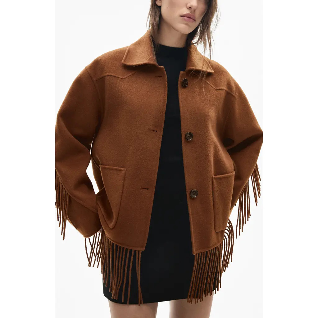 MANGO Fringed Wool Blend Coat in Tobacco Brown at Nordstrom, Size Medium | Nordstrom