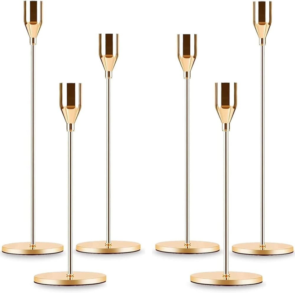 Gold Taper Candle Holder Set of 6, Brass Gold Tall Candlestick Holders, Metal Vintage Candle Stic... | Amazon (US)